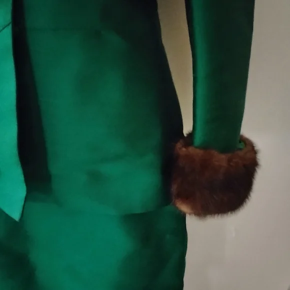 Vintage 50's 60's Emerald Green Raw Silk Suit Mink Cuffs Marissa California New? - Picture 3 of 11